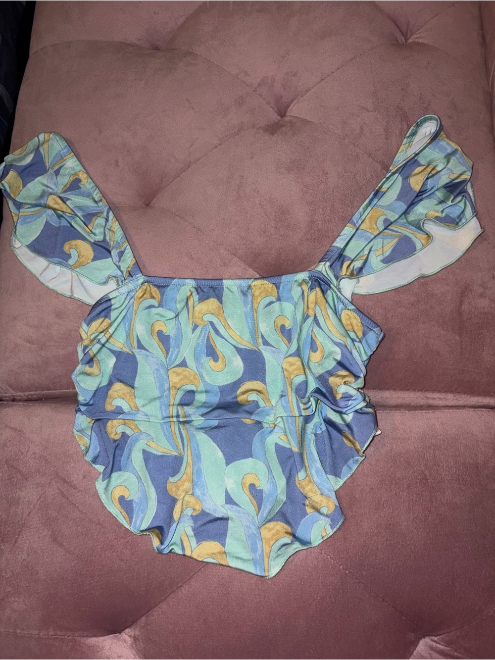 Urban Outfitters Blue, Aqua & Yellow Swirl Ruffled Bikini Top